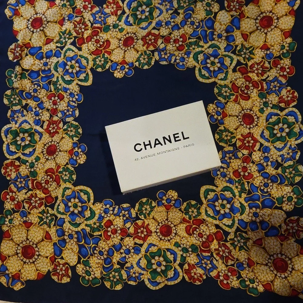 CHANEL 100%Silk Scarf with Jewel-Toned Floral Motif‎
